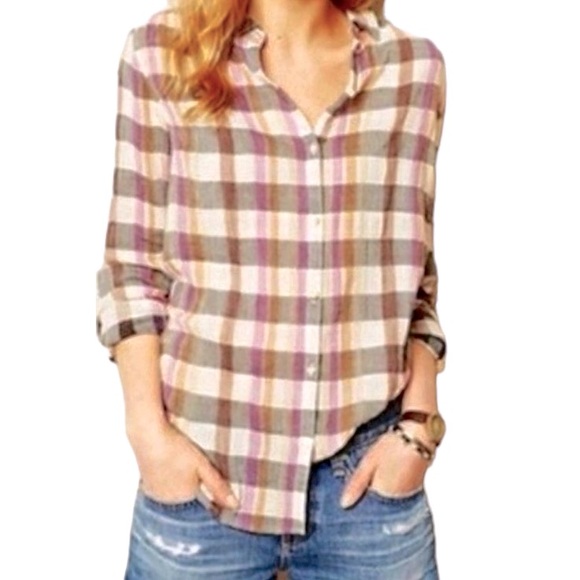 Anthropologie Isabella Sinclair Plaid Lace Insert Multicolor Button Down Shirt S - Picture 1 of 14